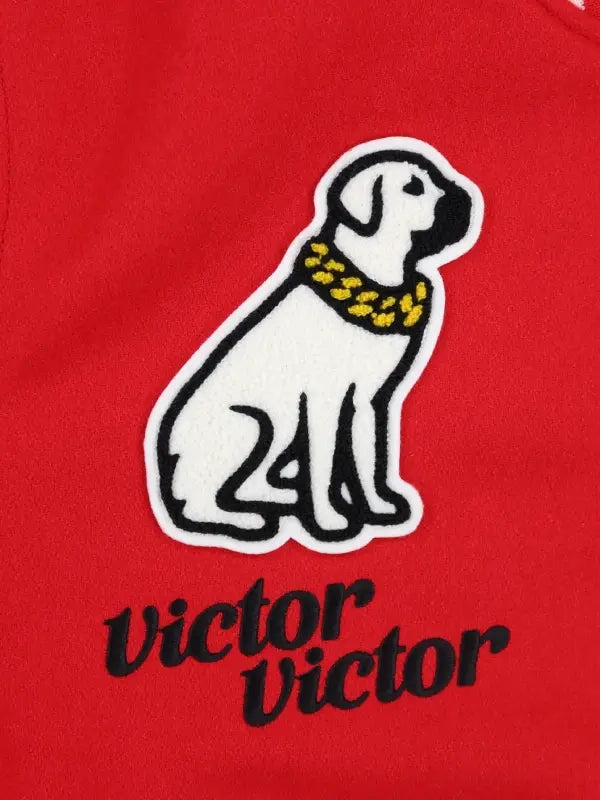 EE Victor Victor Varsity Jacket Varsity Jacket unisex detail view 3 | Dash Racegear — Red varsity jacket with contrasting accents and a clean athletic fit inspired by contemporary street fashion culture.