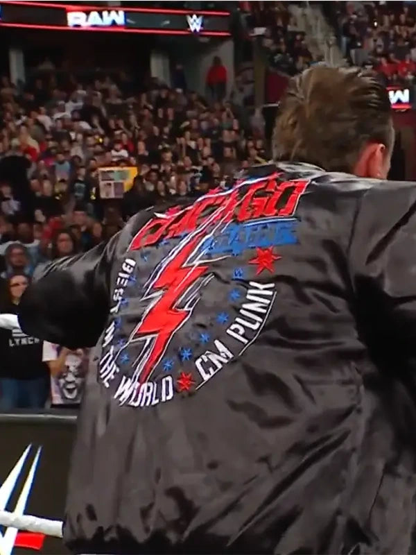 CM Punk Chicago Made Bomber Jacket Bomber Jacket unisex detail view 3 | Dash Racegear — Unisex black bomber jacket from WWE inspired by CM Punk’s Chicago Made look, great for casual fan outfits.
