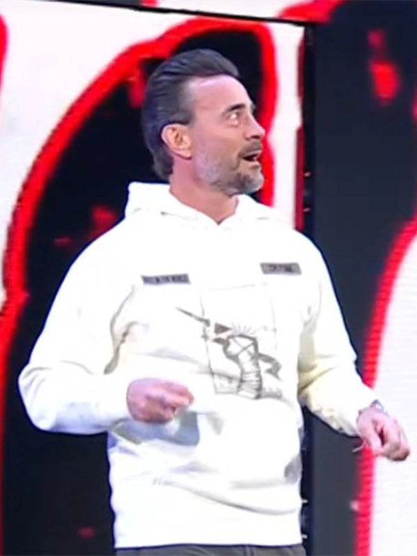 CM Punk Beige Hoodie Hoodie unisex detail view 3 | Dash Racegear — WWE RAW 2025 Jey Uso vs. CM Punk White Hoodie with bold “Best In The World” graphics across the front.