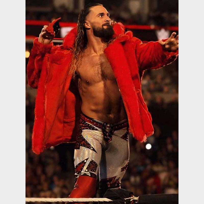 WWE Raw Seth Rollins Red Fur Jacket Jacket unisex detail view 5 | Dash Racegear — WWE Raw Inspired Seth Rollins Red Coat – Standout Look