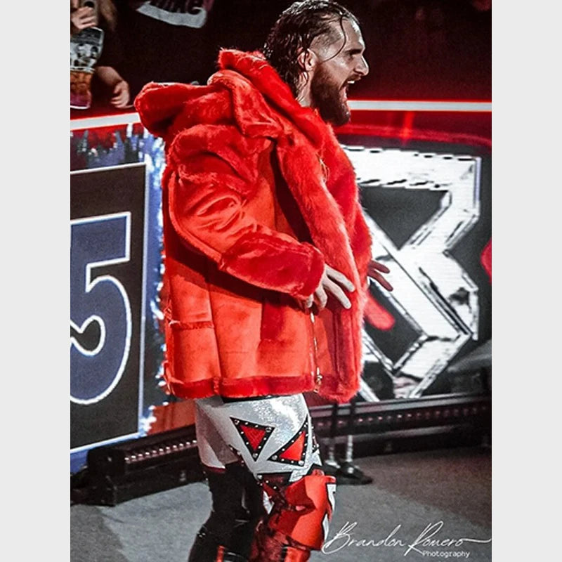 WWE Raw Seth Rollins Red Fur Jacket Jacket unisex detail view 2 | Dash Racegear — Fiery Red Fur Jacket – Seth Rollins WWE Raw Style