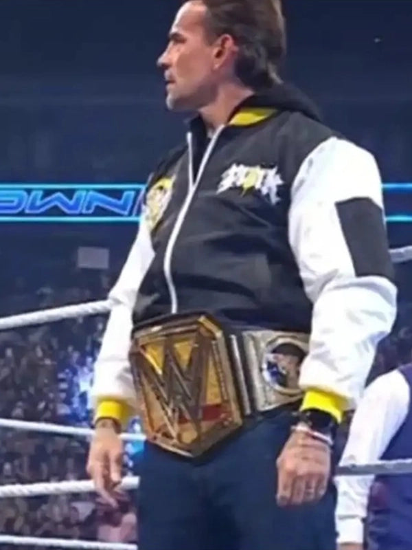 WWE Nexus CM Punk Bomber Jacket Bomber Jacket unisex detail view 2 | Dash Racegear — Black and white CM Punk Nexus WWE SmackDown hooded bomber jacket crafted for premium comfort and versatile casual fashion.