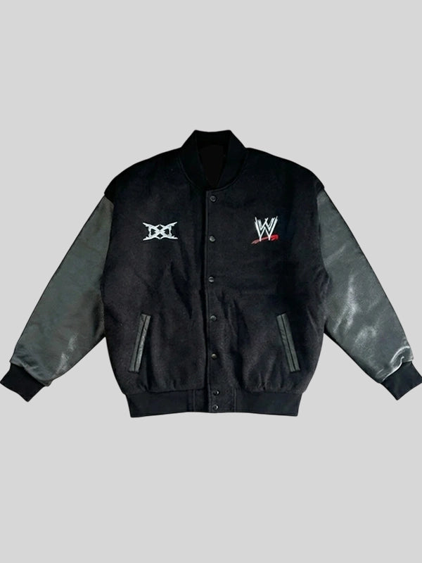 WWE x Ken Carson Varsity Jacket Varsity Jacket unisex front product view | Dash Racegear — WWE Summer Slam x Ken Carson Black Varsity Jacket featuring premium comfort and bold wrestling-inspired streetwear style.