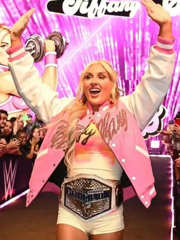 Tiffy Fanatics Fest NYC 2026 Varsity Jacket Varsity Jacket unisex front product view | Dash Racegear — Fanatics Fest NYC WWE Tiffany Stratton 2026 Pink & White Varsity Jacket with premium comfort and bold fan-inspired everyday style.