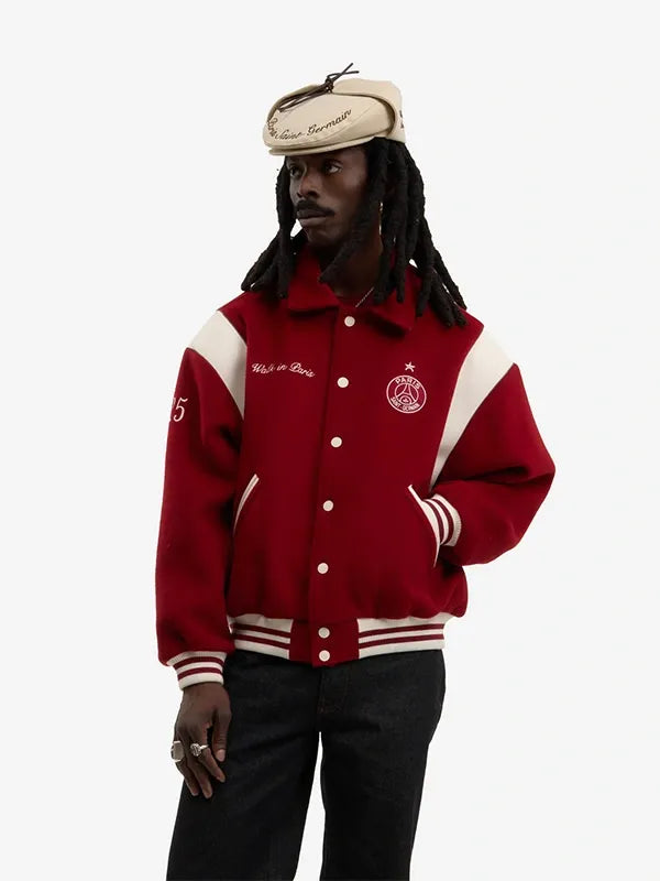 Paris Saint-Germain Walk in Paris Varsity Jacket Varsity Jacket unisex detail view 3 | Dash Racegear — Red Paris Saint‑Germain varsity jacket in wool, part of the Walk in Paris 2026 collection with front logo patches.