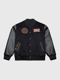 Allen Iverson 76ers x Mitchell & Ness Varsity Jacket Varsity Jacket unisex front product view | Dash Racegear — Philadelphia 76ers x Mitchell & Ness Allen Iverson black Walk The Tunnel varsity jacket, perfect for fans.