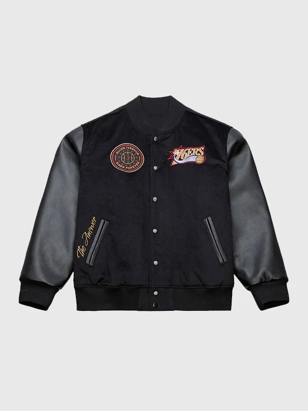 Allen Iverson 76ers x Mitchell & Ness Varsity Jacket Varsity Jacket unisex front product view | Dash Racegear — Philadelphia 76ers x Mitchell & Ness Allen Iverson black Walk The Tunnel varsity jacket, perfect for fans.