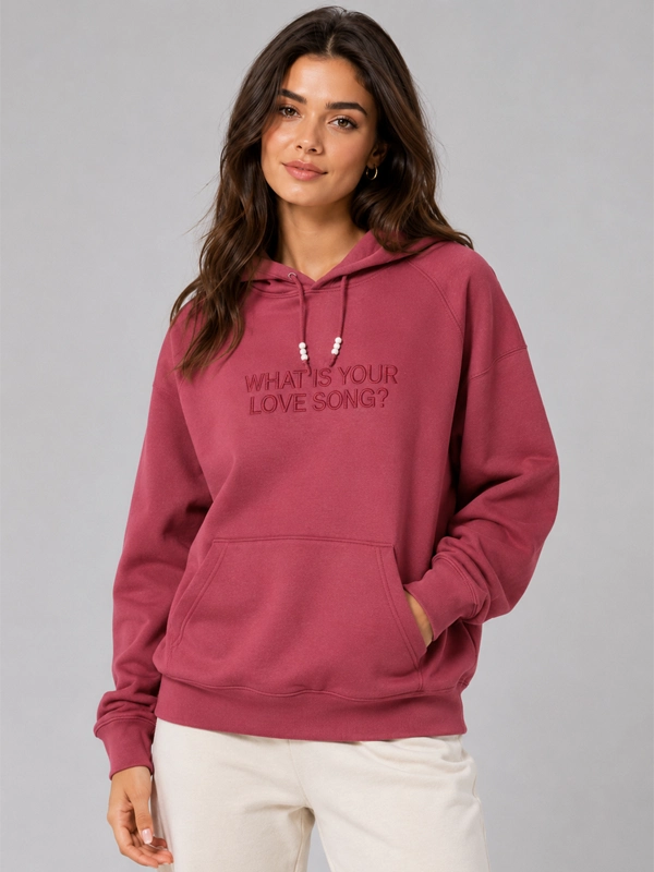 BTS Arirang What is Your Love Song Hoodie Hoodie unisex detail view 4 | Dash Racegear — Maroon pullover from the BTS Arirang collection carrying What Is Your Love Song wording and rib-knit finishes