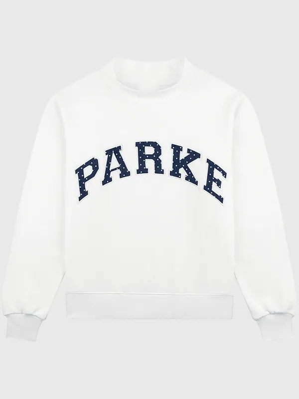 Parke Polka Dot Letter Varsity Mockneck Sweatshirt Sweatshirt unisex detail view 4 | Dash Racegear — White Parke Dot Letter mockneck recreated with playful speckles and bold collegiate insignia across the front
