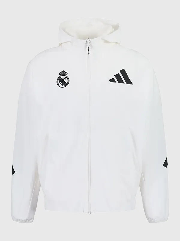 Mens Adidas Real Madrid Z.N.E. Woven Track Jacket Jacket unisex front product view | Dash Racegear — Adidas Real Madrid 2026 Urban Z.N.E. white woven track jacket, sleek football streetwear performance style.