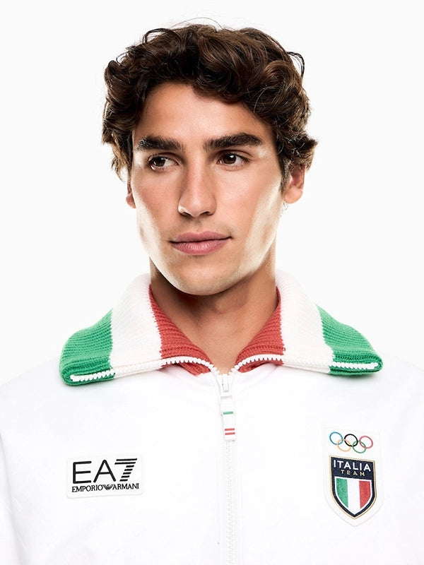 Winter Olympics 2026 Team Italy EA7 Emporio Armani Bomber Jacket Bomber Jacket unisex detail view 3 | Dash Racegear — Sleek white EA7 Emporio Armani bomber jacket, Milano Cortina 2026 Team Italy unisex edition, perfect for layering.