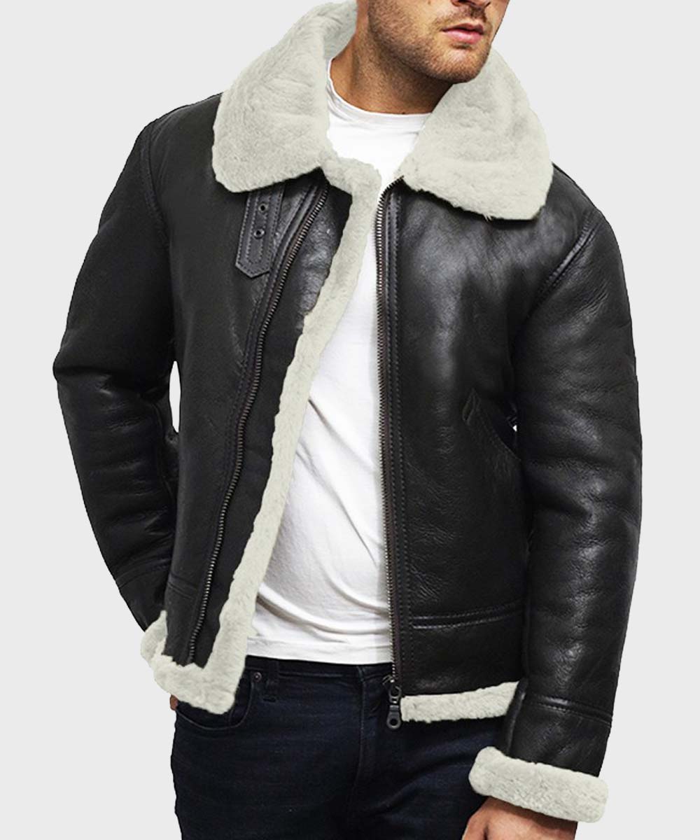 Mens Black Genuine Leather Jacket with White Fur Collar Leather Jacket men detail view 2 | Dash Racegear — Mens Black Genuine Leather Fur Collar Jacket