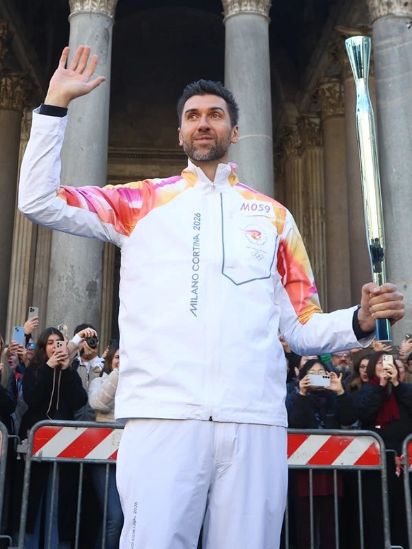Milano Cortina 2026 Olympics Torchbearers Jacket Jacket unisex front product view | Dash Racegear — White full-zip hooded jacket inspired by Milano Cortina 2026 Winter Olympics with minimalist detailing