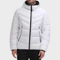 Mens White Puffer Jacket Puffer Jacket unisex front product view | Dash Racegear — Mens Puffer White Hooded Jacket
