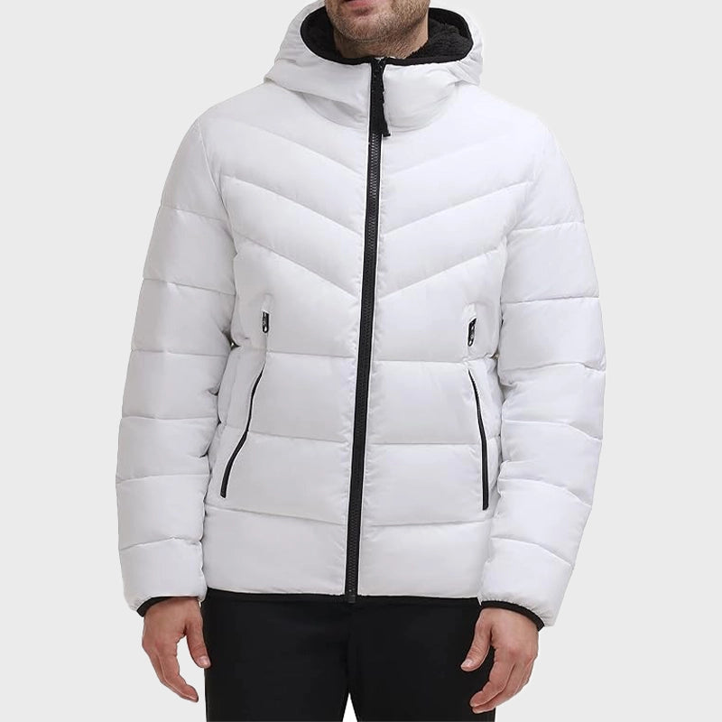 Mens White Puffer Jacket Puffer Jacket unisex front product view | Dash Racegear — Mens Puffer White Hooded Jacket