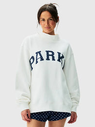 Parke Polka Dot Letter Varsity Mockneck Sweatshirt Sweatshirt unisex detail view 8 | Dash Racegear — Parke pullover recreated with ivory base, rounded spot pattern, and stitched collegiate emblem