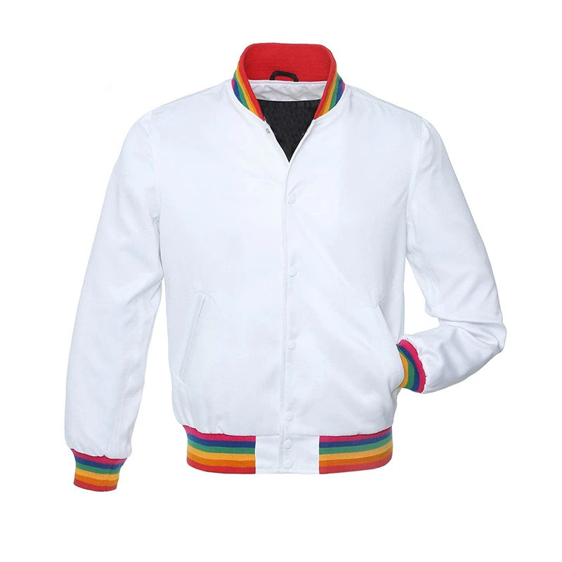 Men’s White Varsity Jacket Varsity Jacket men front product view | Dash Racegear — Men's White Varsity Jacket