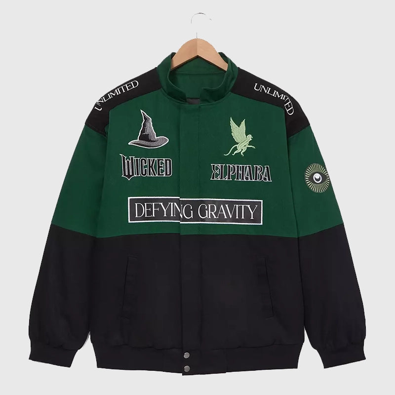 Wicked Elphaba Defying Gravity Racing Jacket Jacket unisex detail view 3 | Dash Racegear — Elphaba Wicked racing jacket with Defying Gravity graphics