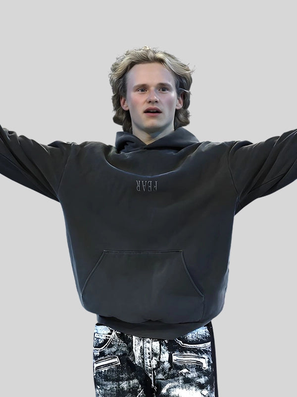Ilia Malinin Fear Hoodie Hoodie unisex detail view 5 | Dash Racegear — Soft grey oversized “Fear” hoodie reflecting Ilia Malinin’s emotional Olympic gala performance, unisex fit.