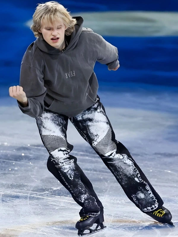 Ilia Malinin Fear Hoodie Hoodie unisex front product view | Dash Racegear — Grey oversized hoodie with performance-inspired “Fear” print, unisex pullover ideal for Olympic figure skating fans.