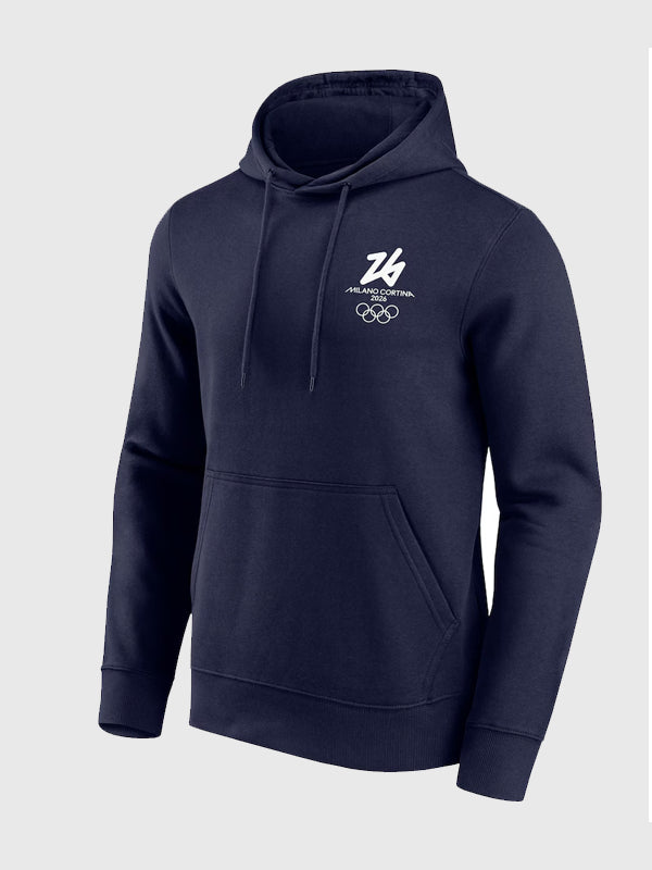 Milano Cortina 2026 Olympics Front & Back Logo Graphic Hoodie Hoodie unisex detail view 2 | Dash Racegear — Winter Olympics 2026 Milano Cortina Hoodie, navy pullover with double-sided logo graphics for fans and casual wear.