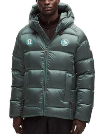 lululemon Winter Olympics 2026 Team Canada Green Puffer Jacket Puffer Jacket unisex front product view | Dash Racegear — Winter Olympics 2026 Team Canada green lululemon hooded puffer jacket, ideal for fan support or outdoor adventures.