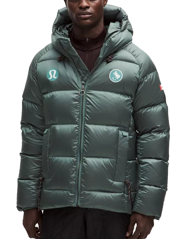 lululemon Winter Olympics 2026 Team Canada Green Puffer Jacket Puffer Jacket unisex front product view | Dash Racegear — Winter Olympics 2026 Team Canada green lululemon hooded puffer jacket, ideal for fan support or outdoor adventures.