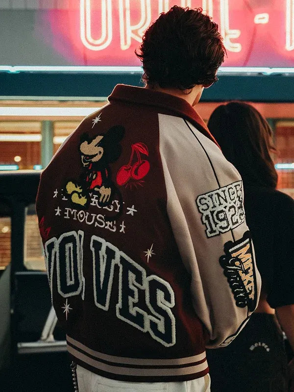 Mickey Mouse Wolves Club Rudy Maroon Letterman Jacket Jacket unisex detail view 3 | Dash Racegear — Mickey Mouse Wolves Club Roxy Box Cut Rudy varsity jacket blending classic letterman styling with premium everyday wearability.