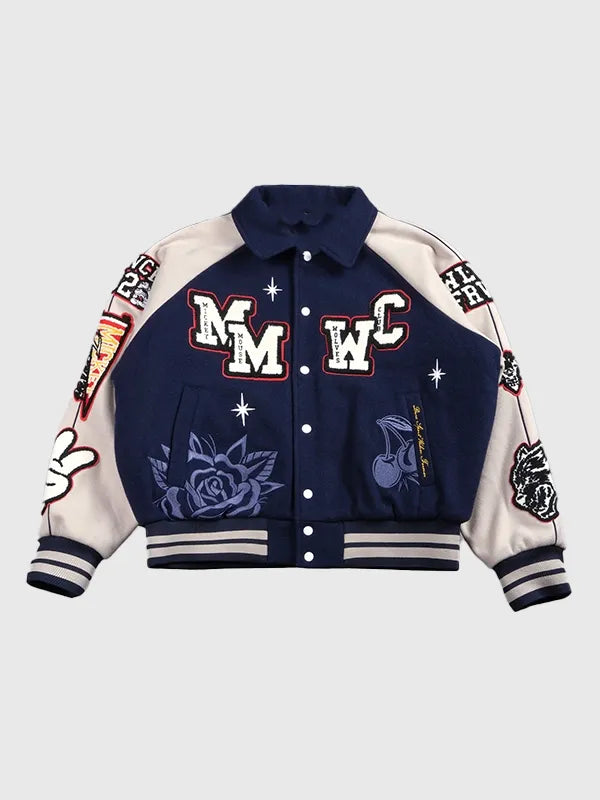 Mickey Mouse Wolves Club Rudy Navy Letterman Jacket Jacket unisex detail view 3 | Dash Racegear — Navy Roxy Box Cut Rudy letterman jacket designed for effortless casual style and lasting all-day comfort.