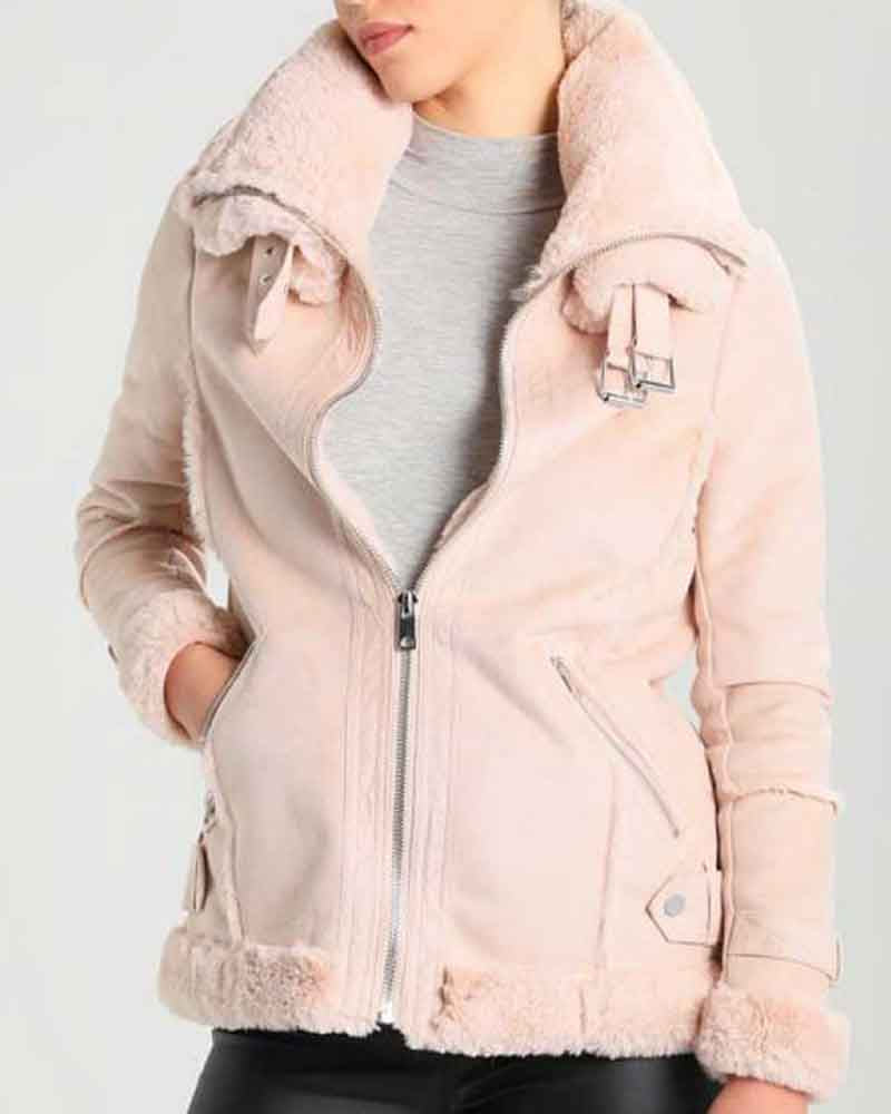 Woman Pink Shearling Jacket Jacket unisex front product view | Dash Racegear — Women's Pink Suede Leather Shearling Jacket