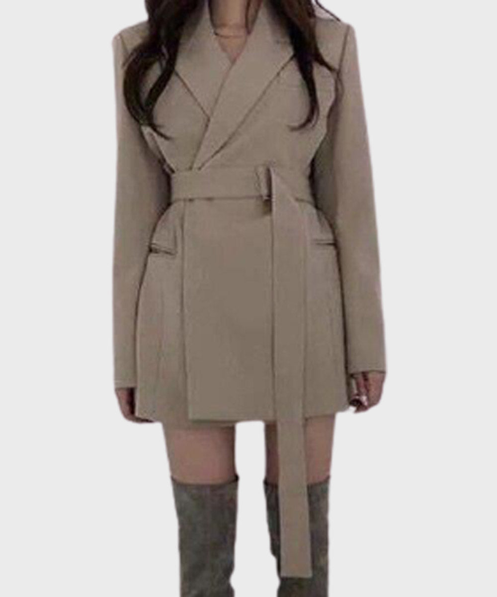 Women Beige Notch Lapel Belted Coat Coat women detail view 2 | Dash Racegear — Classic Beige Notch Lapel Cotton Belted Coat for Womens