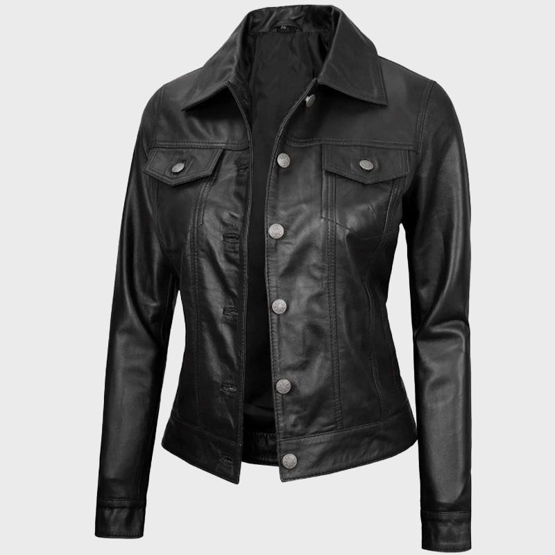 Women Black Leather Trucker Jacket Jacket women front product view | Dash Racegear — Women Two Pocket Leather Trucker Jacket Black