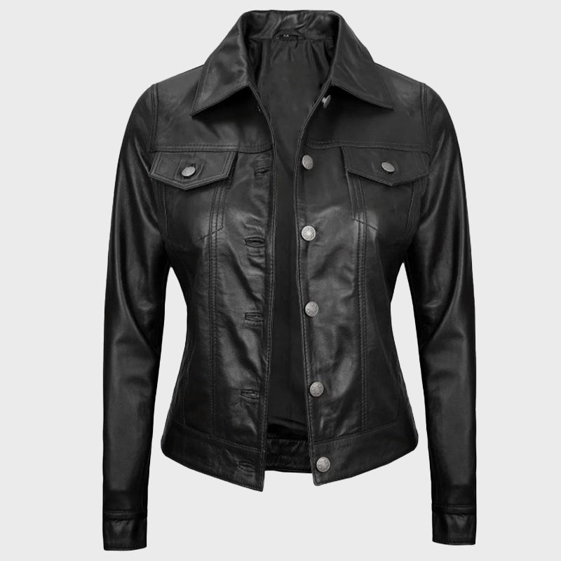 Women Black Leather Trucker Jacket Jacket women detail view 2 | Dash Racegear — Women Black Leather Trucker Jacket