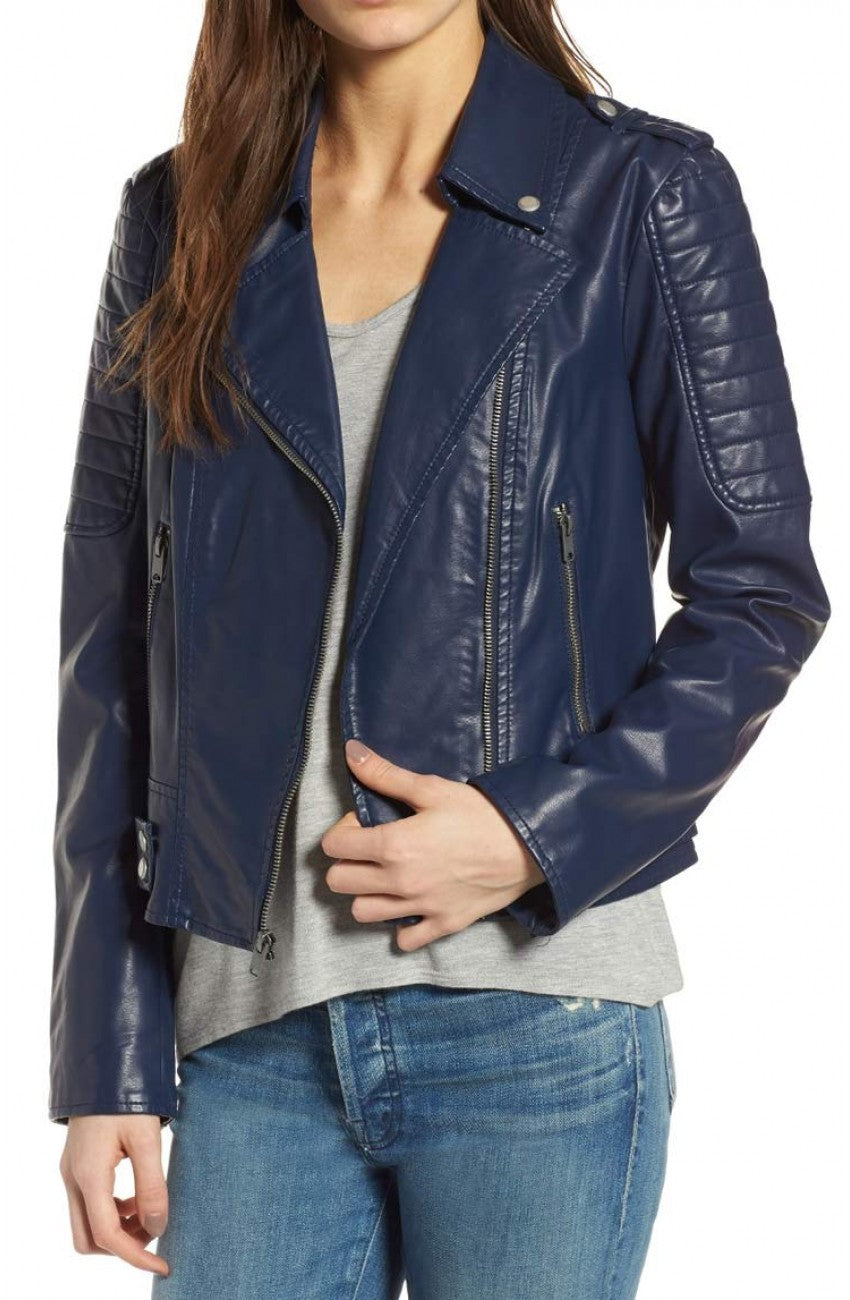 Women Blue Asymmetrical Style Biker Jacket Biker Jacket women front product view | Dash Racegear — Blue Women Biker Leather Jacket