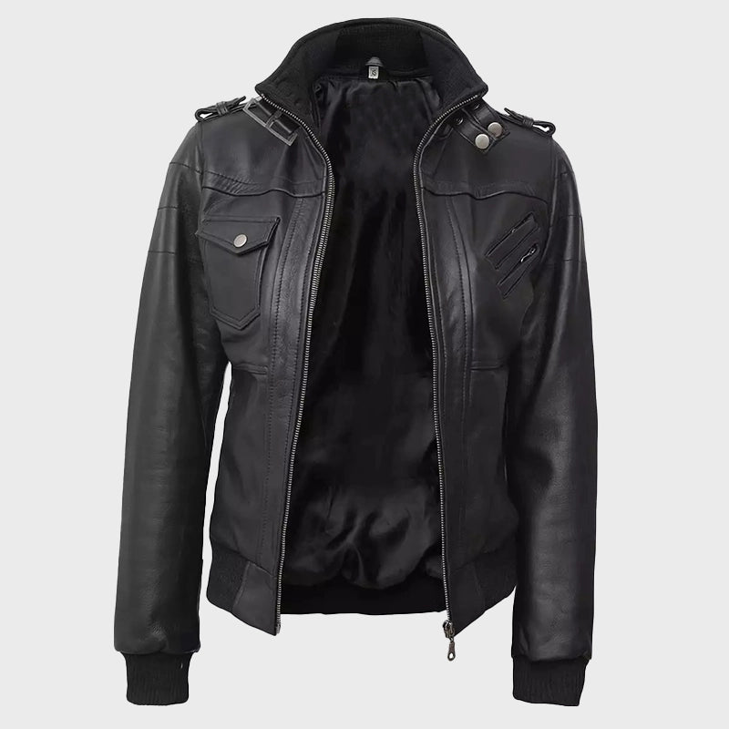 Womens Black Bomber Hooded Leather Jacket Leather Jacket women detail view 3 | Dash Racegear — Womens Bomber Black Hooded Leather Jacket