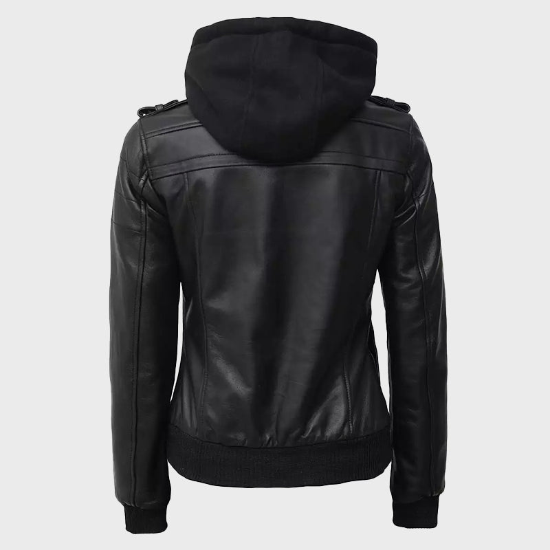 Womens Black Bomber Hooded Leather Jacket Leather Jacket women detail view 5 | Dash Racegear — Womens Bomber Black Leather Hooded Jacket
