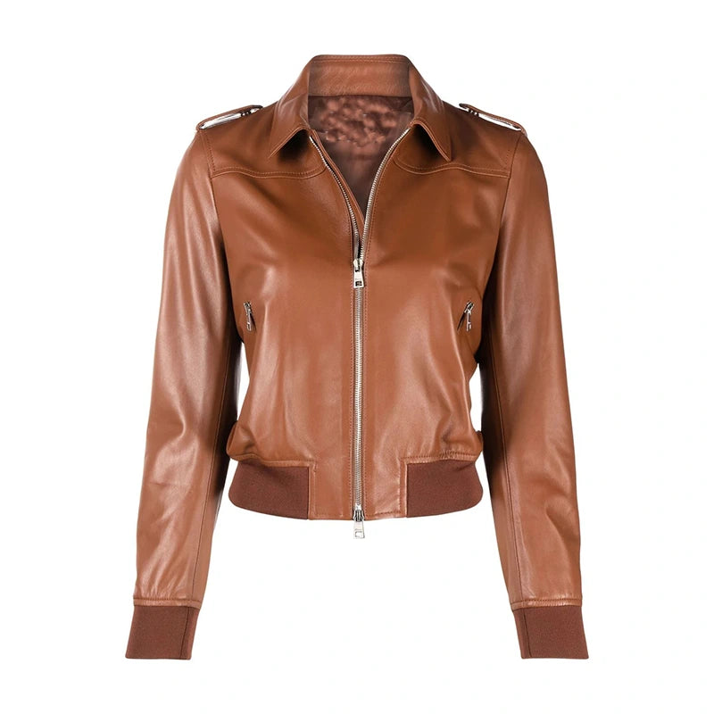 Carolyn Brown Bomber Leather Jacket Leather Jacket unisex front product view | Dash Racegear — Women Brown Bomber Leather Jacket