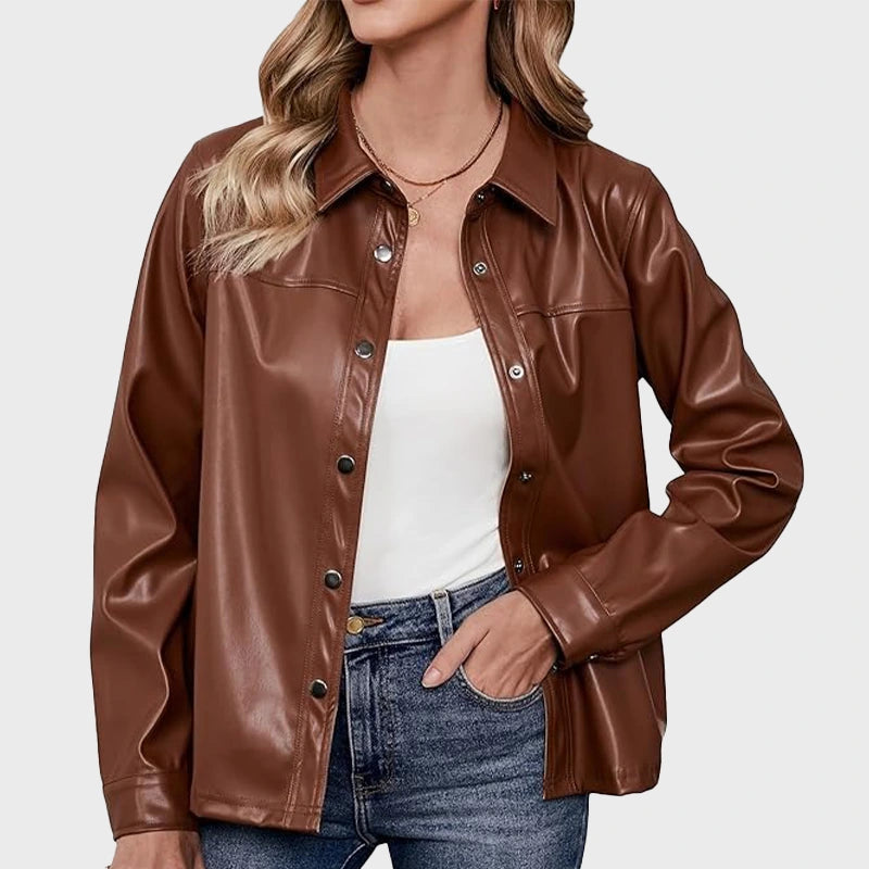 Women Brown Faux Leather Jacket Leather Jacket women front product view | Dash Racegear — Women Faux Leather Brown Jacket