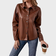 Women Brown Faux Leather Jacket Leather Jacket women detail view 3 | Dash Racegear — Women Brown Faux Leather Shirt Jacket
