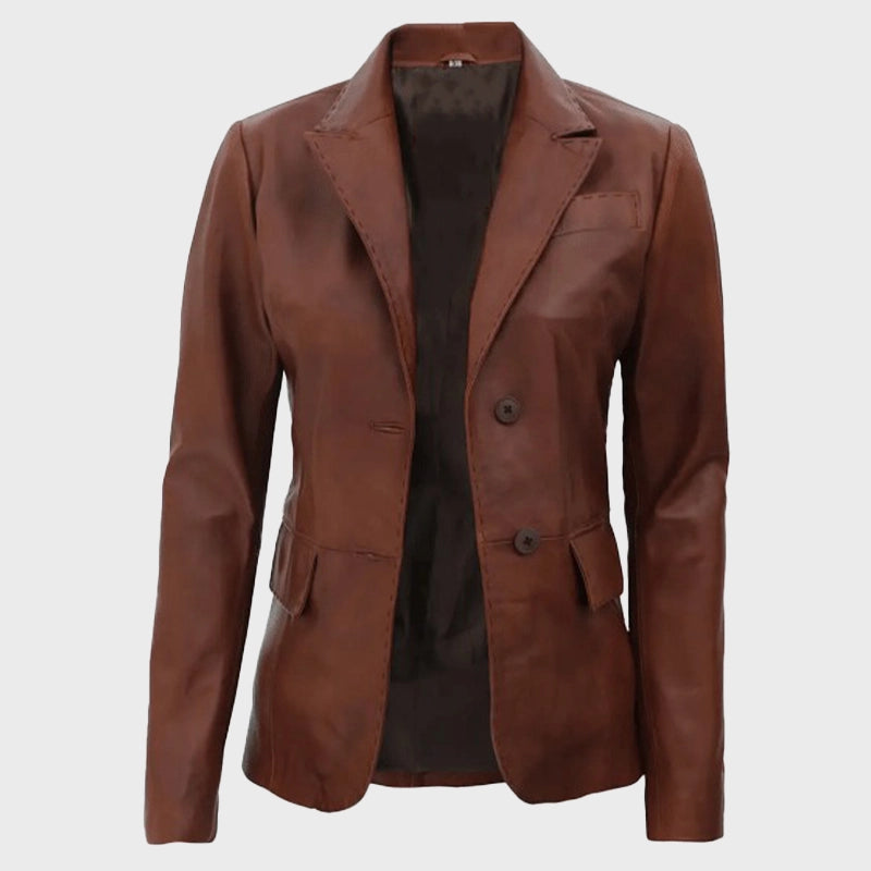 Womens Brown Two Button Leather Blazer Blazer unisex detail view 3 | Dash Racegear — Women Premium Two-Button Brown Leather Blazer