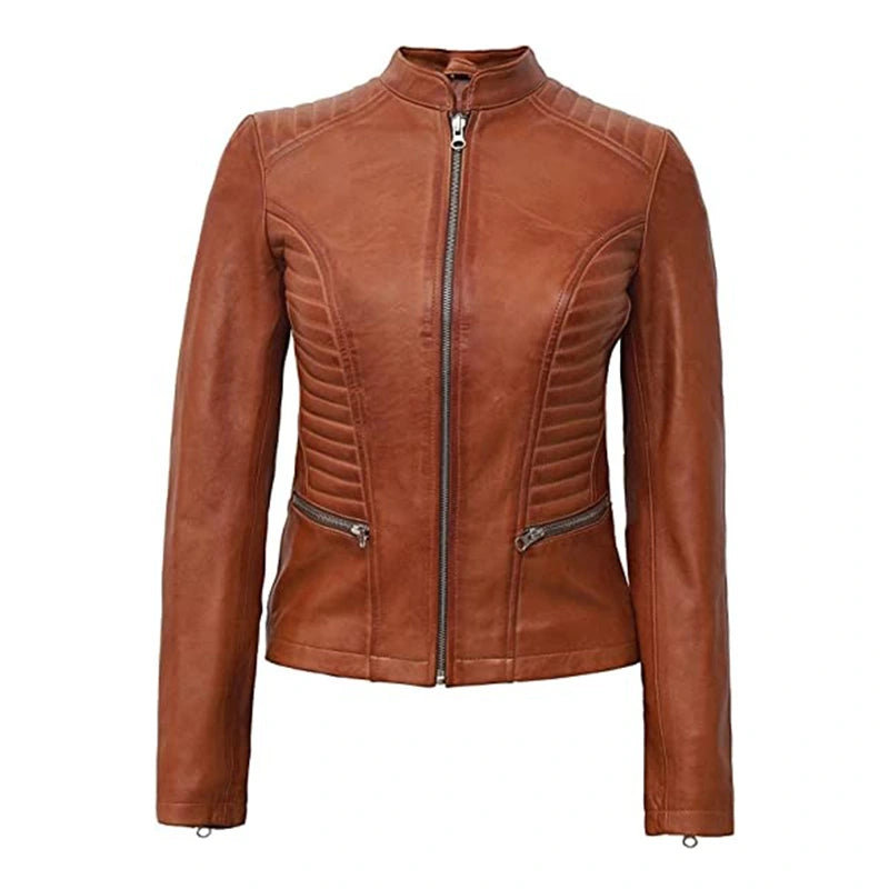 Womens Brown Biker Leather Jacket Leather Jacket women front product view | Dash Racegear — Brown Padded Biker Leather Jacket
