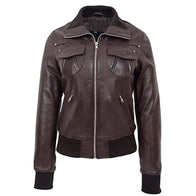 Women Brown Bomber Leather Jacket Bomber Jacket women front product view | Dash Racegear — Women Brown Bomber Leather Jacket