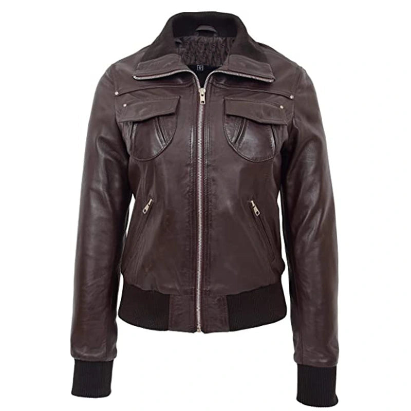 Women Brown Bomber Leather Jacket Bomber Jacket women front product view | Dash Racegear — Women Brown Bomber Leather Jacket