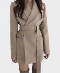 Women Beige Notch Lapel Belted Coat Coat women front product view | Dash Racegear — Women Classic Beige Belted Notch Lapel Coat