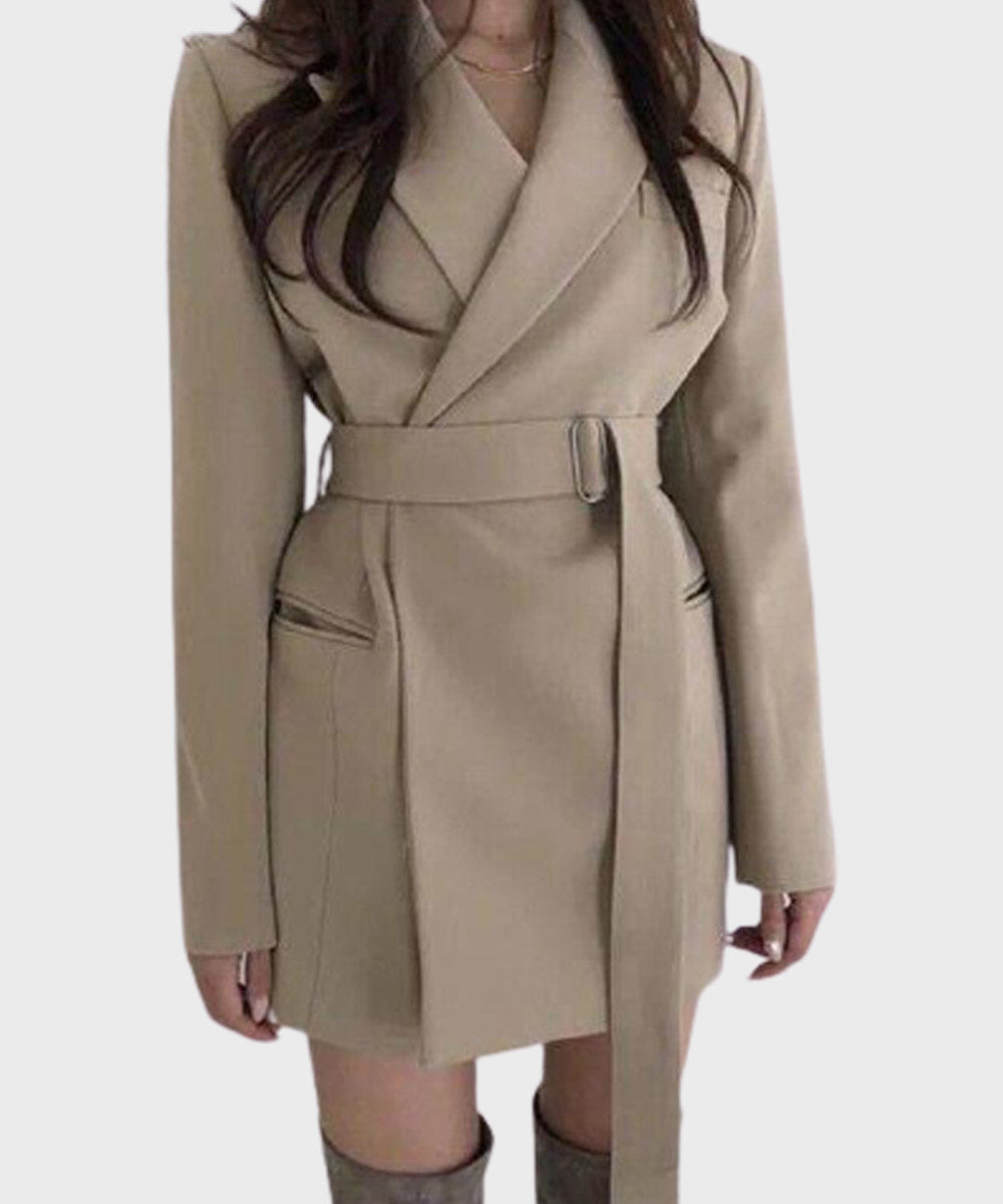 Women Beige Notch Lapel Belted Coat Coat women front product view | Dash Racegear — Women Classic Beige Belted Notch Lapel Coat