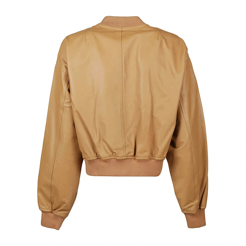 Women Tan Brown Bomber Leather Jacket Bomber Jacket women detail view 2 | Dash Racegear — Tan Brown Bomber Leather Jacket