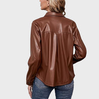 Women Brown Faux Leather Jacket Leather Jacket women detail view 4 | Dash Racegear — Women Brown Faux Leather Shirt