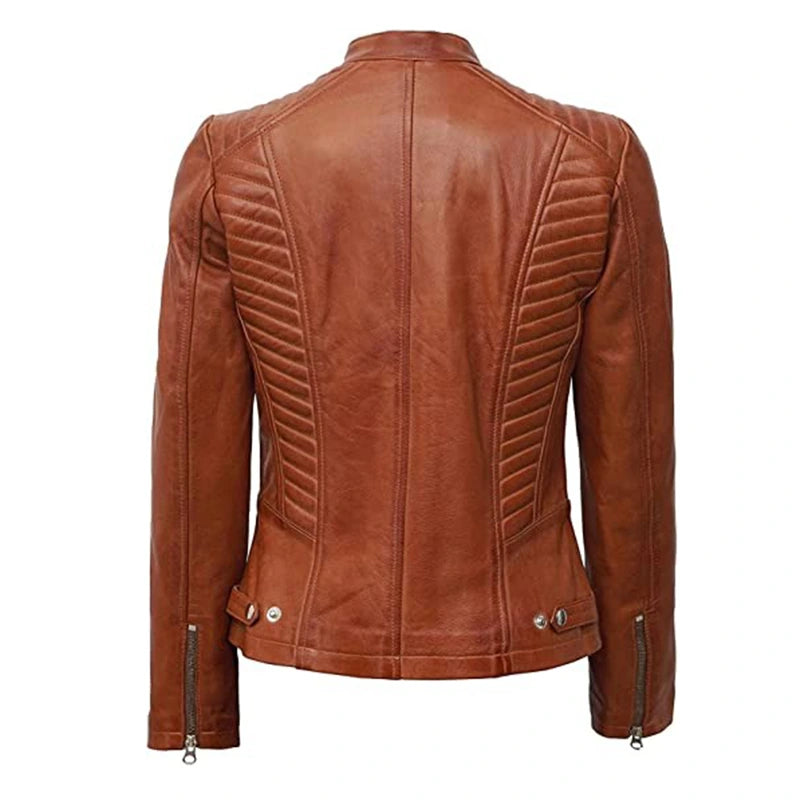 Womens Brown Biker Leather Jacket Leather Jacket women detail view 2 | Dash Racegear — Padded Biker Brown Leather Jacket