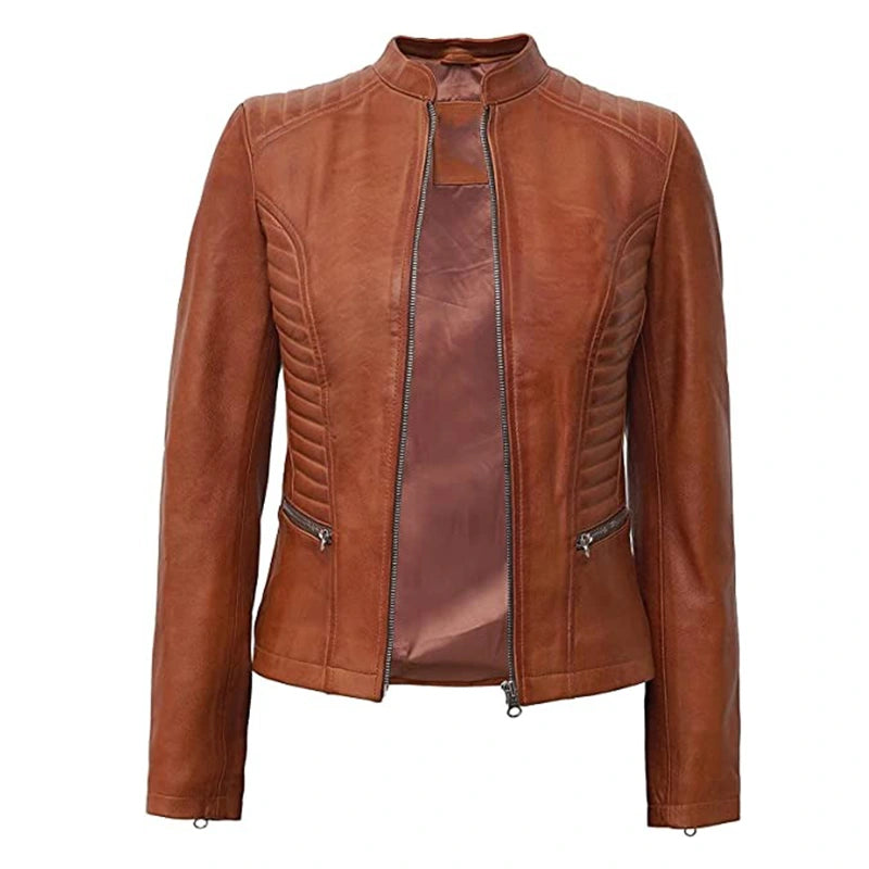 Womens Brown Biker Leather Jacket Leather Jacket women detail view 3 | Dash Racegear — Women Biker Brown Padded Leather Jacket