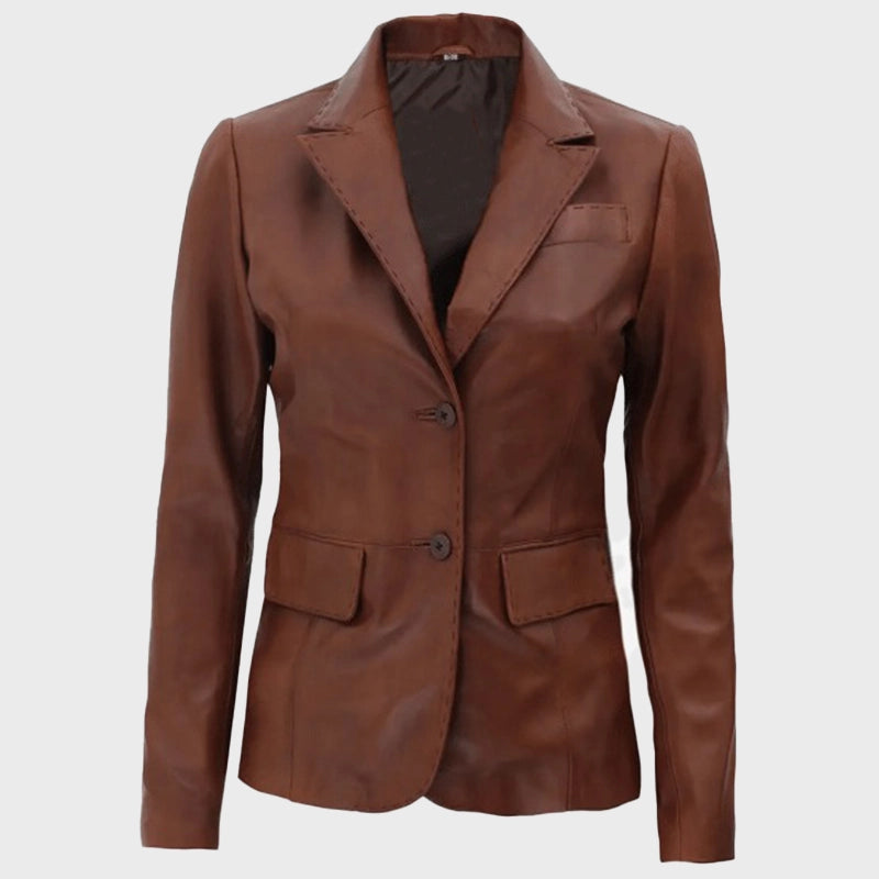 Womens Brown Two Button Leather Blazer Blazer unisex detail view 2 | Dash Racegear — Womens Brown Two Button Leather Blazer